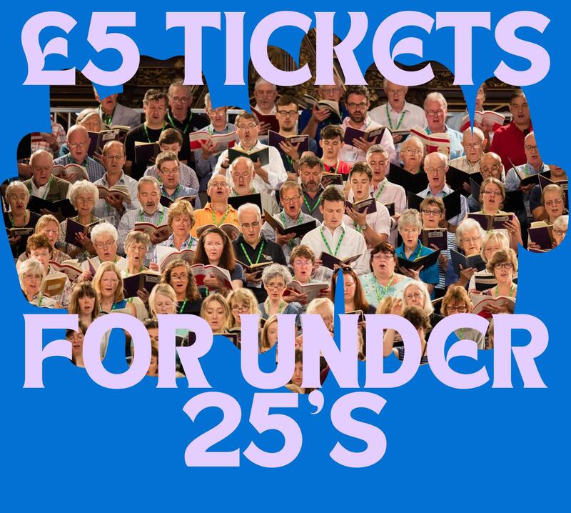 On a blue background, the words '£5 tickets for under 25s' in pink text are written on top of an image of a large choir. The choir are singing and you can see the singers, standing shoulder to shoulder, holding up song books 