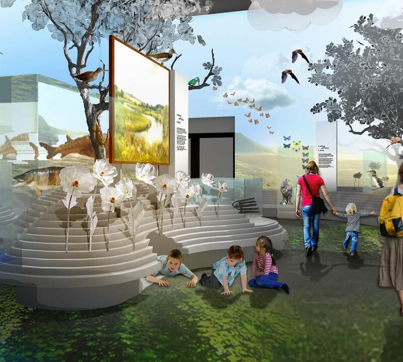 Image shows an artists' impression of what the museum might look like inside with interactive design. There are trees inside and children playing on the floor which looks like grass, despite being inside.