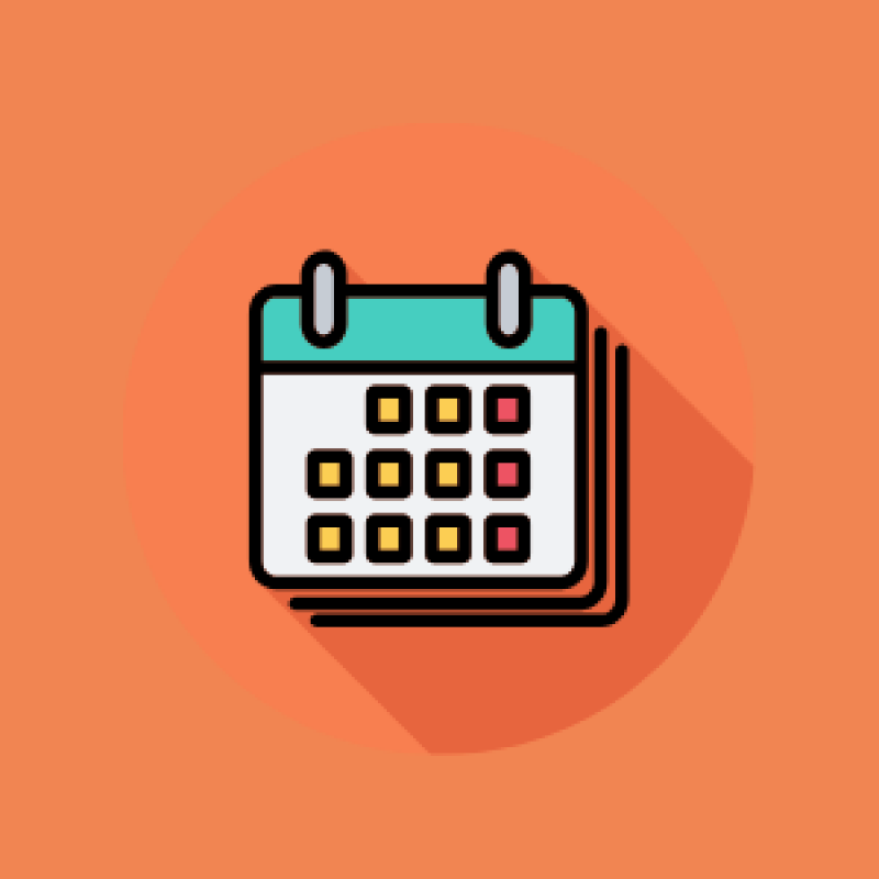 A cartoon illustration of a calendar against an orange background