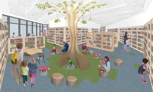 Image shows an illustration of families using a large library space with a tree in the centre of the room, books hanging from its tallest branches, and lots of book shelving around the room