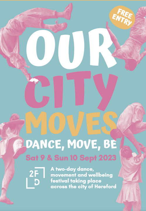 Image shows a poster for the festival. The text reads Our City Moves on a green-blue background. There are images of dancers around the edges of the poster.