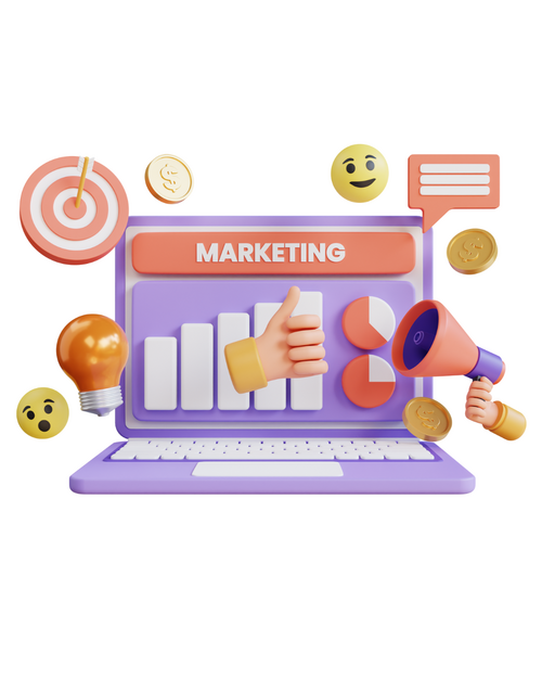 A laptop with the word marketing on the screen surrounded by emojis and text boxes often sound on social media platforms