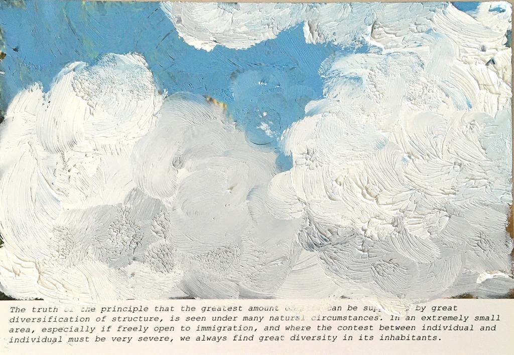 Clouds I Shrewsbury, UK, Charles Darwin. Oilpainting on pre-printed postcard.