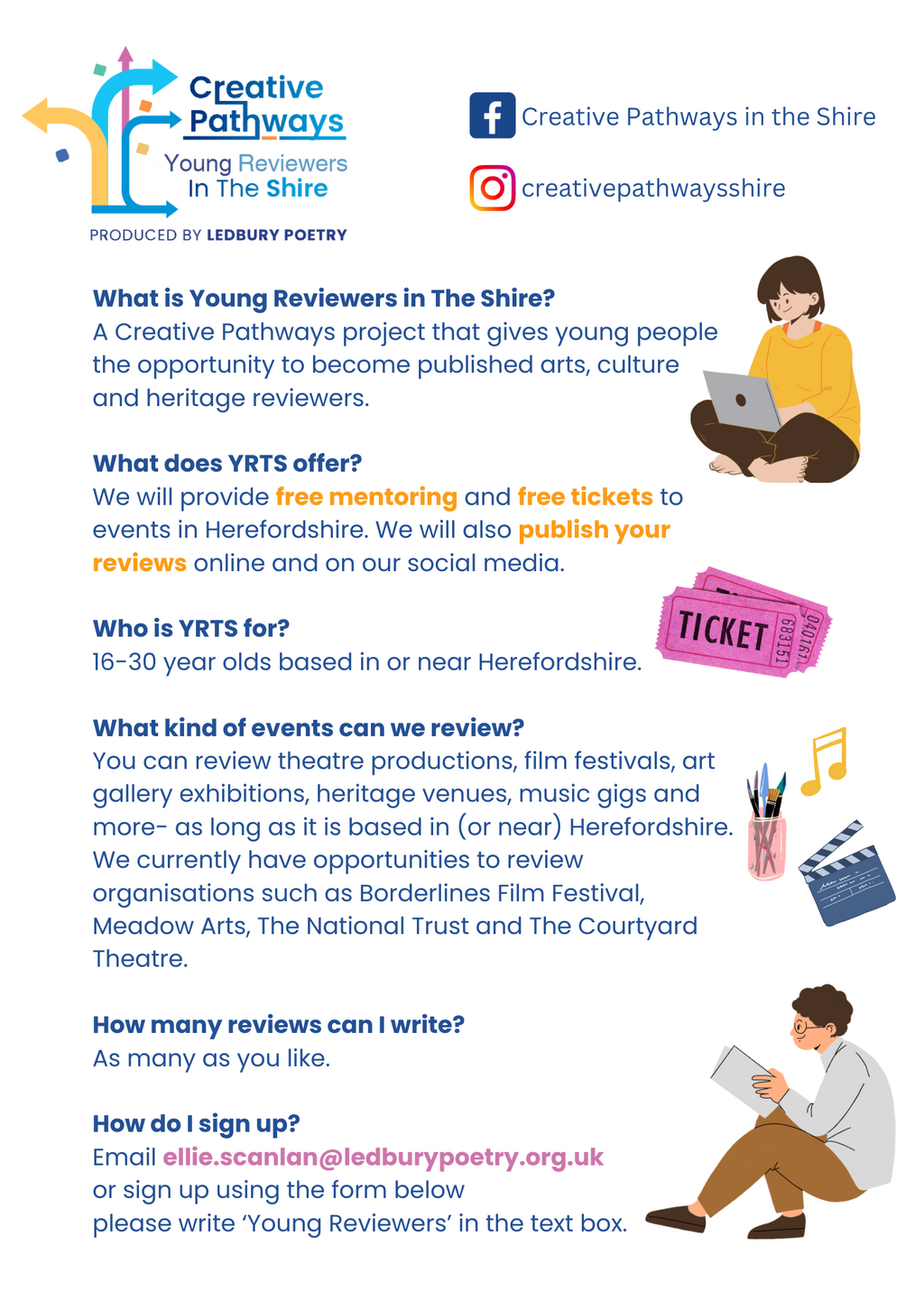 Young Reviewers Logo, plus illustrations of two teenagers reading a book and on a laptop, plus FAQ