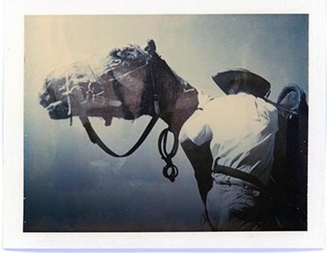 A polaroid photo from the Sidney Nolan collection showing a man and a horse