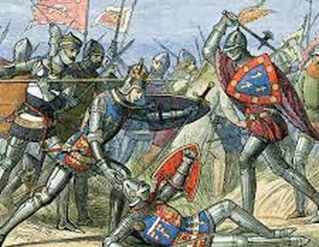 Image shows a hand drawn picture of historic knights in armour and coloured shields fighting in a field. One solider is lying on the ground while two more fight over them.