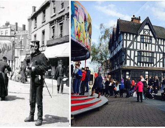 Two images side by side. The first is black and white photo of a timber framed building from the early 1900s, the second is the same building and location in modern times with crowd of people around funfair rides.