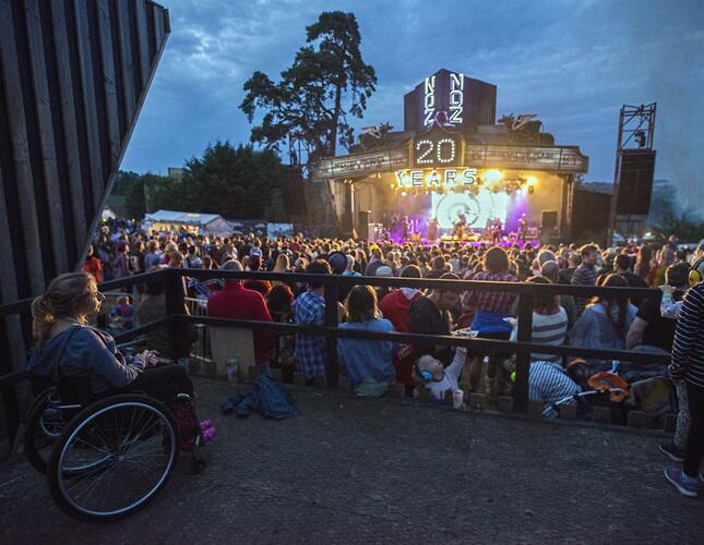 Image shows a woman in a wheelchair watching music festival stage
