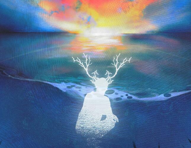 Image is painting-like, with a strange ghostly figure - the shape of a person with antlers on their head crouching close to the ground. The background of the image is a sea blue with what looks like an orange sunrise in the background.